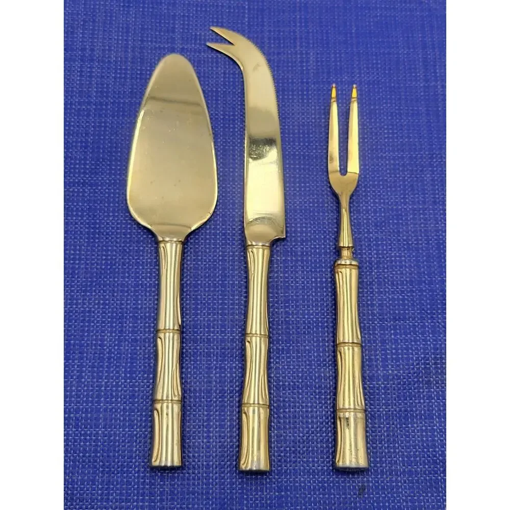 Vtg Gold Cane 3-Piece Cheese Serving Set Gold Electroplate Bamboo Design